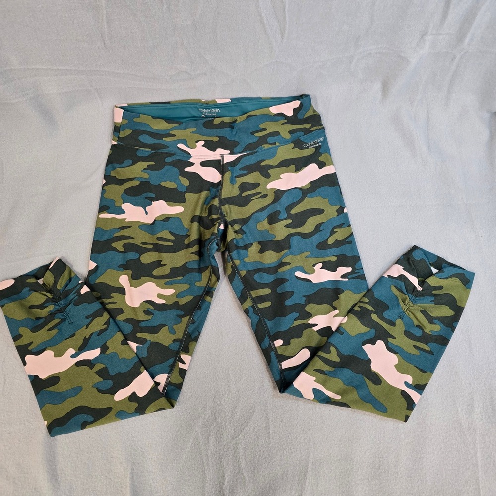 Calvin Klein Performance Womens Camo Leggings Green Pink Blue Wick Crop Size M